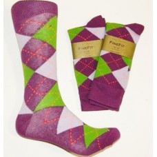 Purple With Green and Lilac combed cotton argyle dress socks size 8-12
